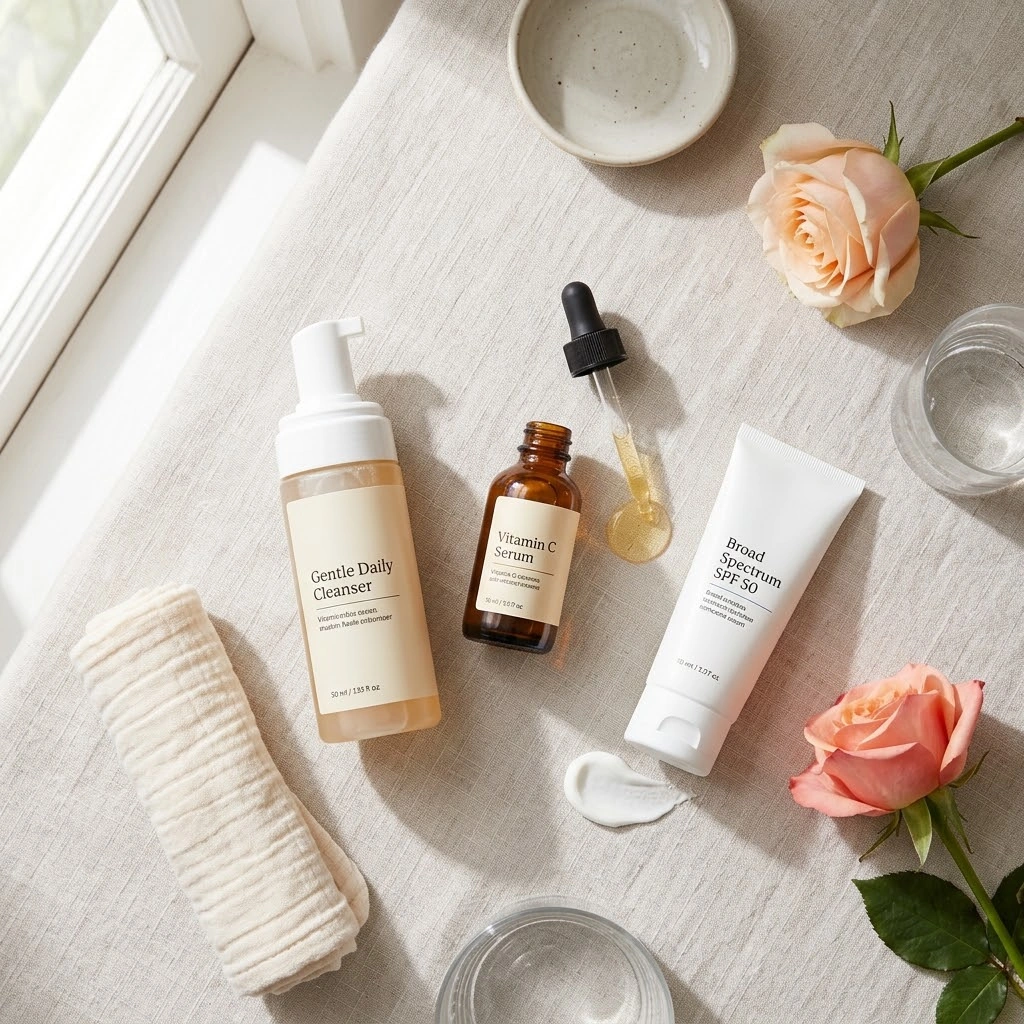 Foaming cleanser, vitamin C serum and moisturiser tube on a sunlit table with peach roses